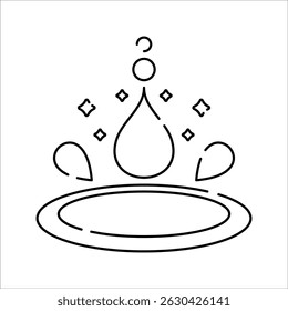 Water Drop Icon Outline style, large drop with splash elements symbolizing clean water and conservation, great for eco posters and awareness campaigns.