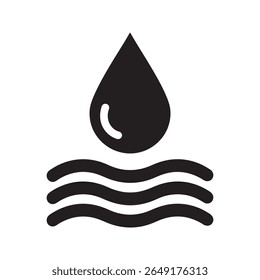 Water drop icon over a wavy surface representing a liquid element nature aqua resource and fluid dynamics in a clean environment vector solid glyph icon