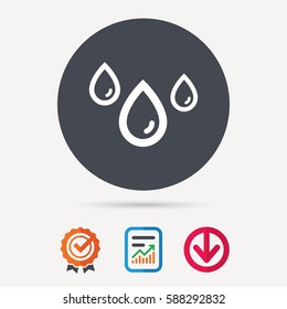 Water drop icon. Rainy weather symbol. Report document, award medal with tick and new tag signs. Colored flat web icons. Vector