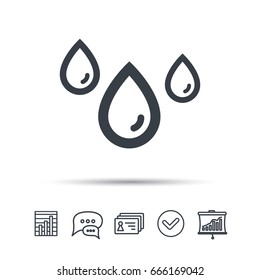 Water drop icon. Rainy weather symbol. Chat speech bubble, chart and presentation signs. Contacts and tick web icons. Vector