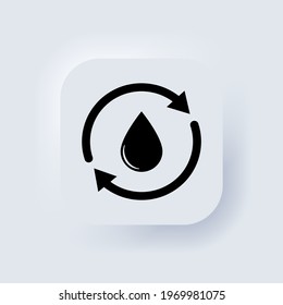 Water drop icon. Recycle water icon. Water drop with 2 sync arrows. Single black round liquid recycle icon. Planet bio protection circle concept. Neumorphic UI user interface web button Vector EPS 10.
