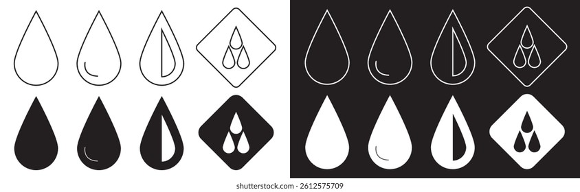Water drop icon set in black and white