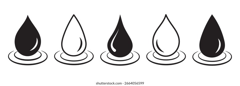 Icono de gota de agua en color negro. Colección de ícono de gotas de agua en el logotipo circular. Icono de gota de agua o lluvia para App y Sitios web.