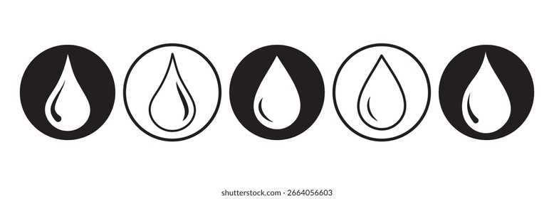 Ícone de gota d'água na cor preta. Coleção de ícones de gotículas de água no logotipo de círculo. Ícone de gota de água ou chuva para aplicativos e sites.
