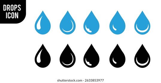 "Water Drop Icon Set. Formas de gotas azuis e pretas para a natureza, líquido e design de água limpa."