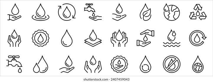 conjunto de iconos de gota de agua, prueba de dermatología y conjunto de iconos de clínica dermatológica, mano con agua, ilustración vectorial en fondo blanco