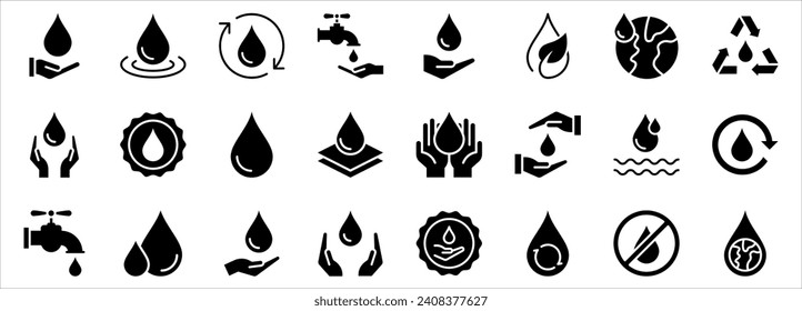 water drop icon set, Dermatology test and dermatologist clinic icon set, hand with water, vector illustration on white background