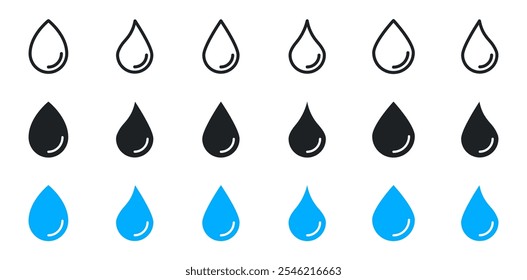 Water drop icon set. Droplet icons collection. Drops shape icons. Blood or oil drop icon. Plumbing logo. Vector illustration.