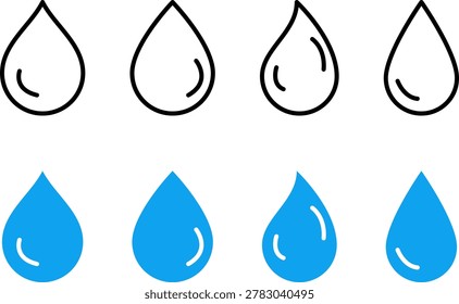 Water drop icon set with eight variations featuring outline and solid blue fill styles. Each row shows four drop shapes ranging from large to small with single and double inner highlight lines. Clean minimal water droplet icons suitable for water conservation hydration weather apps and nature themed designs