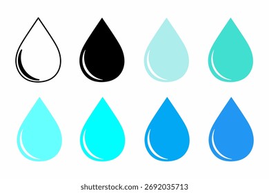 Water drop icon set featuring outline, solid black, cyan, turquoise, light blue, and medium blue. Perfect for eco-friendly projects, hydration themes, water conservation, skincare, or liquid product.