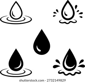 Ícone de gota de água definido em estilo preto mínimo com gotículas com ondulação, splash e variações sólidas. Ilustração de vetor plano limpo adequado para projetos de água, hidratação, eco, ambiente, clima, limpeza, encanamento, sustentabilidade e design de interface do usuário
