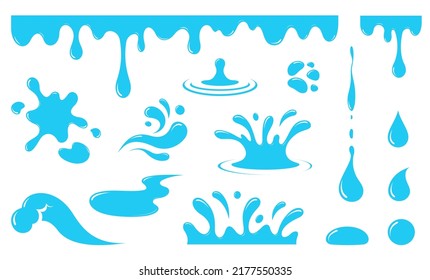 Water drop icon set. Paint streaks. Spill, spots and splashes of water, current liquid drop. Isolated silhouette on white background. Vector illustration