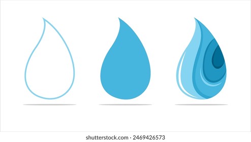 Water drop icon set. Vector illustration. Blue and white colors.