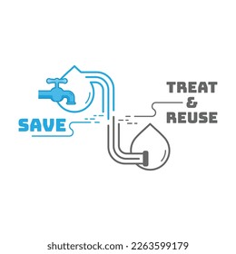 Water drop icon with tap link to greywater drop with sewage symbol as a gimmick of using water sustainably. Vector illustration outline flat design style.