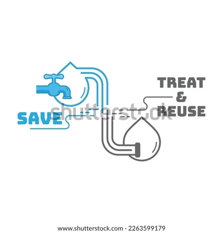Water drop icon with tap link to greywater drop with sewage symbol as a gimmick of using water sustainably. Vector illustration outline flat design style.
