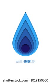 Water drop icon. Vector blue paper water drop isolated on white background.