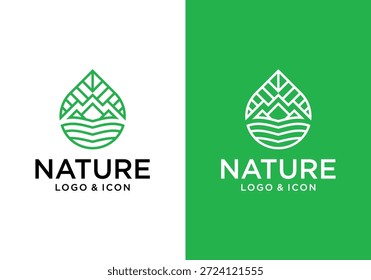 Logotipo de Vector de icono de gota de agua con hojas y montañas de estilo minimalista moderno.