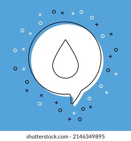 Water drop icon in white speech bubble with decorative elements on a blue background. Modern graphic announcement with thin line symbol. Vector illustration EPS 10