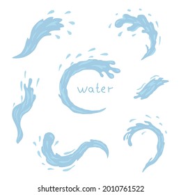 Iconos de agua y gota. Olas azules y salpicaduras de agua