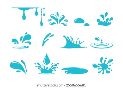 Symbole für Wasser und Tropfen. Blaue Wellen und Wasserspritzer