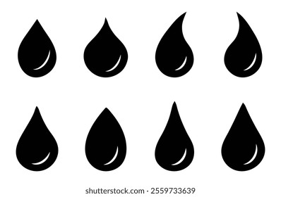 Water drop icons in bold solid styles showing clean droplet shapes, ideal for weather apps, hydration graphics, liquid indicators, moisture signs and simple fluid UI markers.