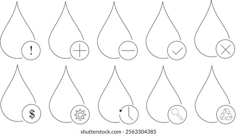 Water Drop Icons with Functional Symbols. Black and white water drop outline icons featuring symbols for actions, settings, and concepts like recycling, time, and finance