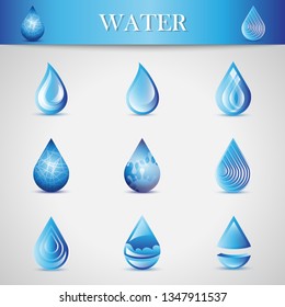 Water Drop Icons - Isolated On Gray Background. Vector Illustration Of Water Drop Icons. Set For Websites, Label, Logo Template And Design Elements