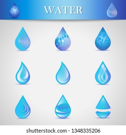 Water Drop Icons - Isolated On Gray Background. Vector Illustration Of Water Drop Icons. Set For Websites, Label, Logo Template And Design Elements