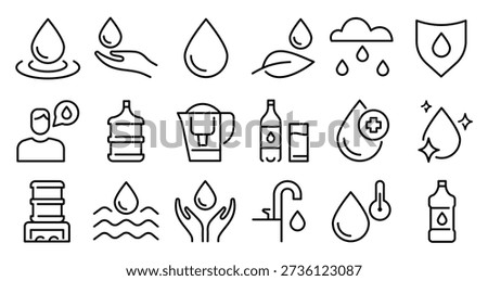Water drop icons. Line droplets and eco filtration shield and hydration safety or water purity. Aqua, drink quality, rain cloud and faucet symbol, plumbing sign. Vector isolated set.