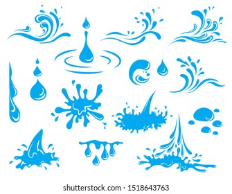 Water And Drop Icons Set - Blue waves and water splashes set, wavy symbols of nature in motion vector Illustrations.