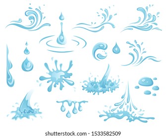 Water And Drop Icons Set - Blue waves and water splashes set, wavy symbols of nature in motion vector Illustrations.