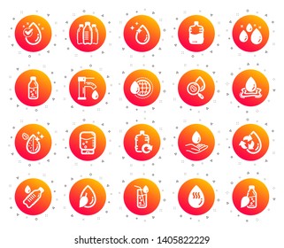 Water drop icons. Set of Bottle, Antibacterial filter and Tap water icons. Bacteria, Cooler and Refill barrel bottle. Liquid drop, antibacterial cleaner and drink machine, tap. Gradient buttons set