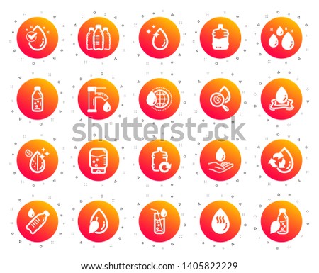 Water drop icons. Set of Bottle, Antibacterial filter and Tap water icons. Bacteria, Cooler and Refill barrel bottle. Liquid drop, antibacterial cleaner and drink machine, tap. Gradient buttons set