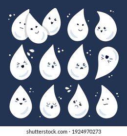 Water drop icons set. Collection of flat stickers with different emotions. Cartoon characters, emoticons, emoji. Vector illustration.