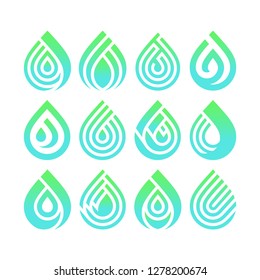 Water drop icons, set logos for your design. Blue symbol isolated on white background, flat style.