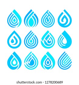 Water drop icons, set logos for your design. Blue symbol isolated on white background, flat style.