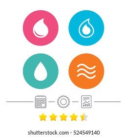 Water drop icons. Tear or Oil drop symbols. Calendar, cogwheel and report linear icons. Star vote ranking. Vector