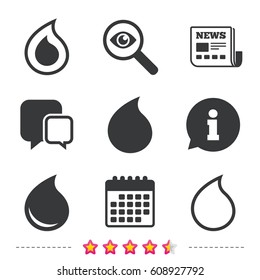 Water drop icons. Tear or Oil drop symbols. Newspaper, information and calendar icons. Investigate magnifier, chat symbol. Vector