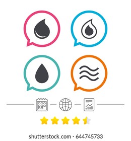 Water drop icons. Tear or Oil drop symbols. Calendar, internet globe and report linear icons. Star vote ranking. Vector