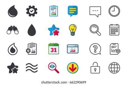Water drop icons. Tear or Oil drop symbols. Chat, Report and Calendar signs. Stars, Statistics and Download icons. Question, Clock and Globe. Vector