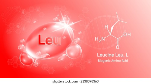 Water drop Important amino acid  Leucine Leu, L and structural chemical formula. Lysine on a red background. Medical and scientific concepts. 3D Vector Illustration.