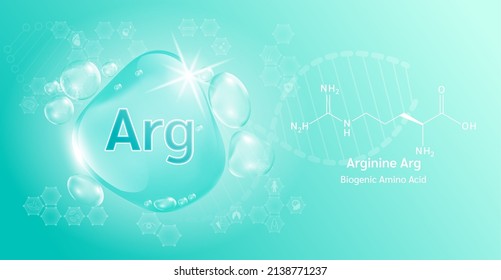 Wassertropfen Wichtige Aminosäure Arginin Arg und strukturelle chemische Formel. Arginin auf grünem Hintergrund. Medizinische und wissenschaftliche Konzepte. 3D-Vektorgrafik.