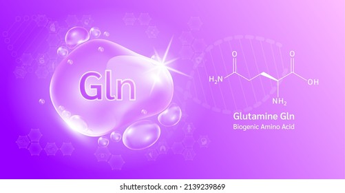 Water drop Important amino acid Glutamine Gln and structural chemical formula. Glutamine on a purple background. Medical and scientific concepts. 3D Vector Illustration.