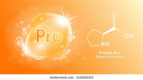 Water drop Important amino acid Proline Pro and structural chemical formula. Proline on a orange background. Medical and scientific concepts. 3D Vector Illustration.