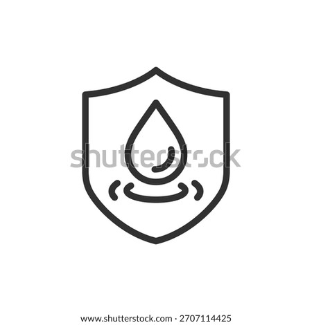 Water drop inside shield, linear icon. Protection from moisture and leakage. Line with editable stroke.