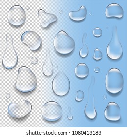 Water Drop Isolated Big Set Transparent And Blue Background With Gradient Mesh, Vector Illustration