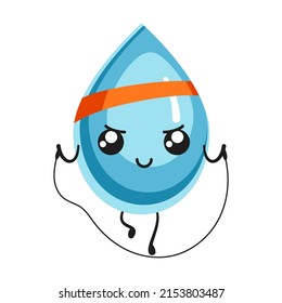 Water drop jumping rope, cute character. Vector illustration of funny blue aqua mascot. Cartoon cold clear raindrop or splash of liquid isolated on white