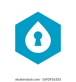 Water drop and key hole symbol, blue hexagon shape icon