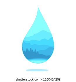 Water drop with landscape background, rain drop, doodle, sign icon or symbol, vector illustration.