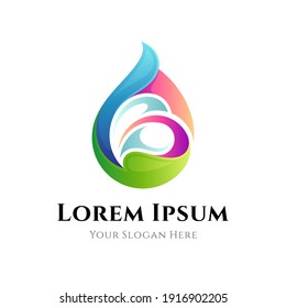 Water drop with leaf logo concept with gradient color, flat logo template